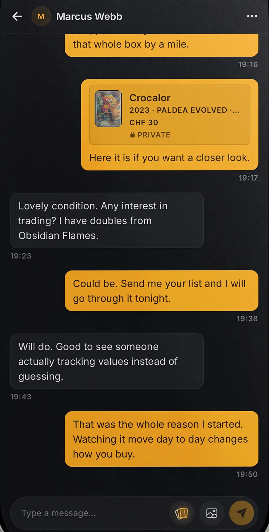 A chat with a shared card