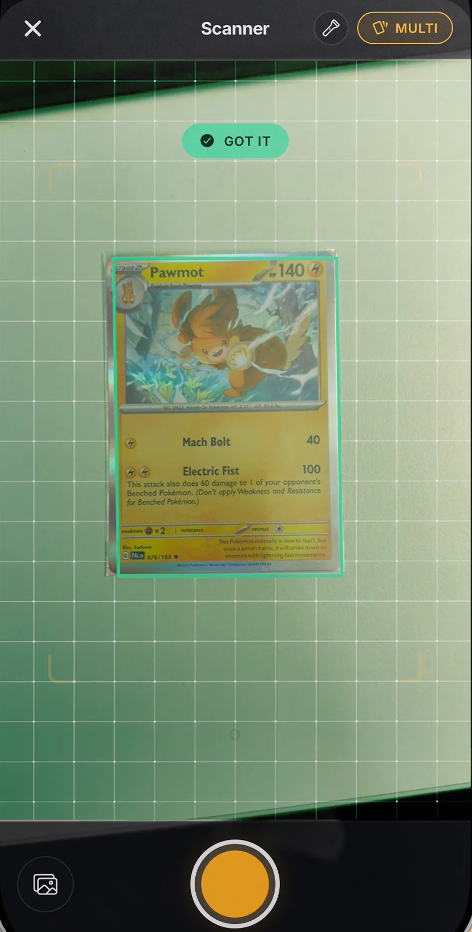 The Card Holdr scanner identifying a Pawmot card